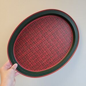 Rustic Plaid Christmas Oval Tin Tray Vintage